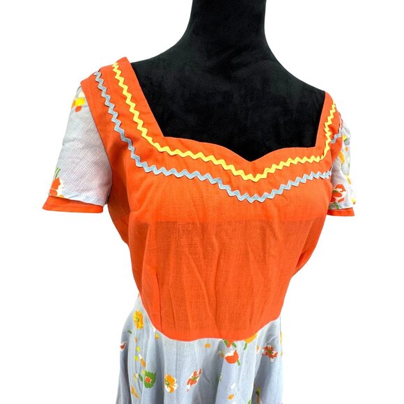 Vintage Handmade Peasant Dress Sweetheart Neckline Orange Floral Print Rick Rack - Picture 1 of 8